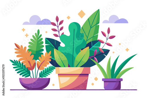 Three potted plants with diverse foliage in a stylized illustration.