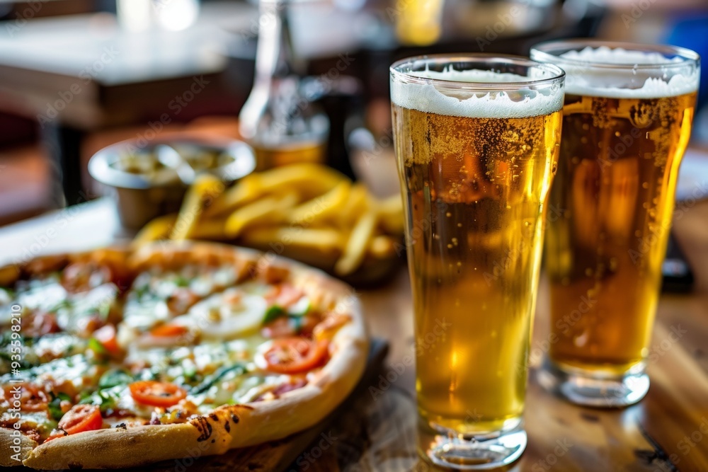 Enjoying pizza and cold beers at a cozy restaurant in the evening with friends, capturing a perfect moment of relaxation and good food Enjoying pizza and cold beers at a cozy restaurant in the evening with friends, capturing a perfect moment of relaxation and good food