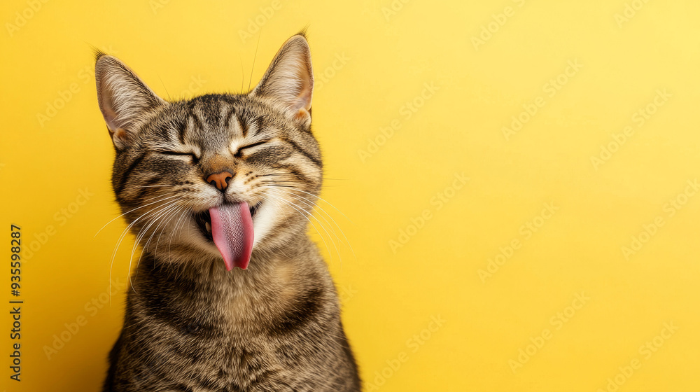 A humorous image of an older cat with its tongue playfully sticking out, set against a bright yellow background. The playful expression of the cat adds a light-hearted and amusing touch to the scene, A humorous image of an older cat with its tongue playfully sticking out, set against a bright yellow background. The playful expression of the cat adds a light-hearted and amusing touch to the scene,