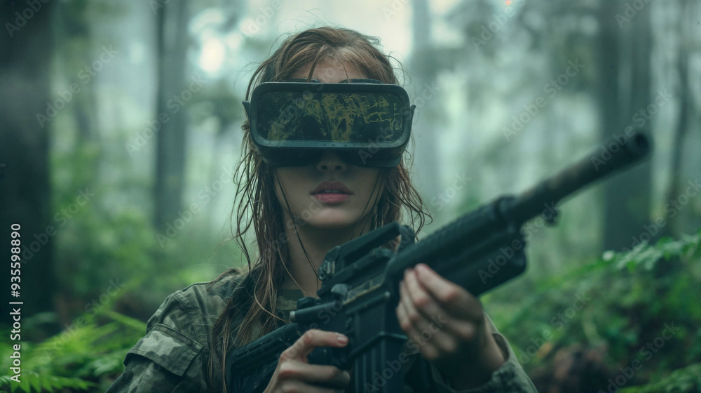 Woman in camo gear with VR headset and gun in misty forest. Generative AI image Woman in camo gear with VR headset and gun in misty forest. Generative AI image