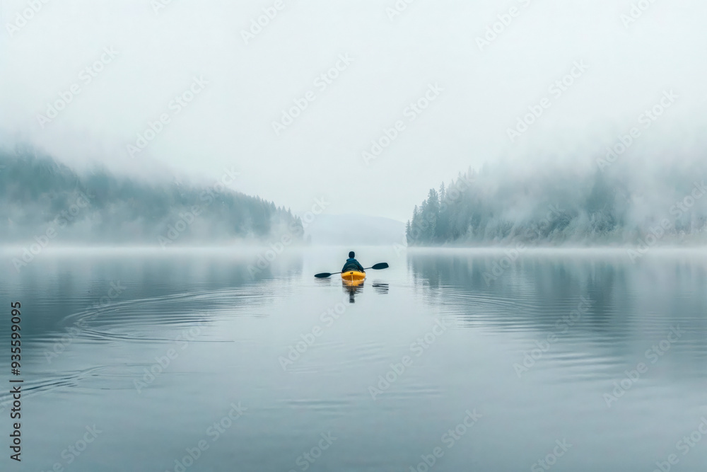 Anonymous Adventurer Kayaking in Misty Waters. Generative AI image Anonymous Adventurer Kayaking in Misty Waters. Generative AI image