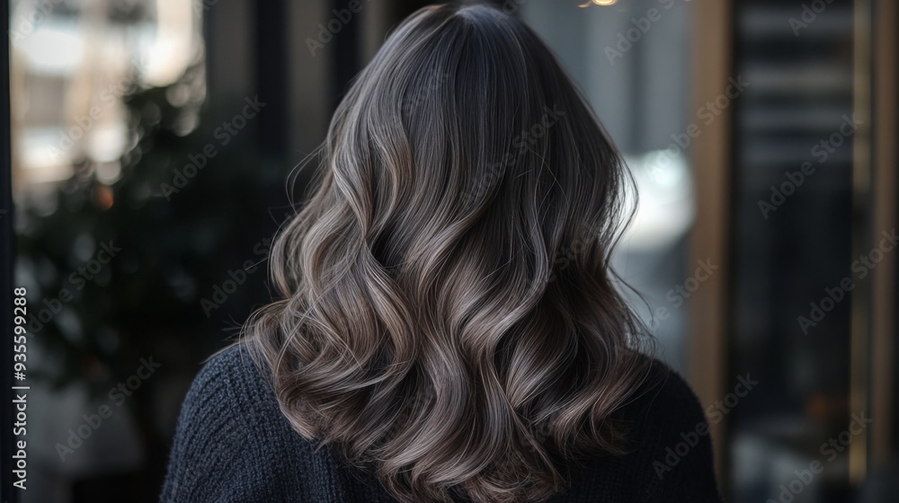 A woman stands with her back turned, showcasing her long, wavy hair in a softly lit environment. A woman stands with her back turned, showcasing her long, wavy hair in a softly lit environment.