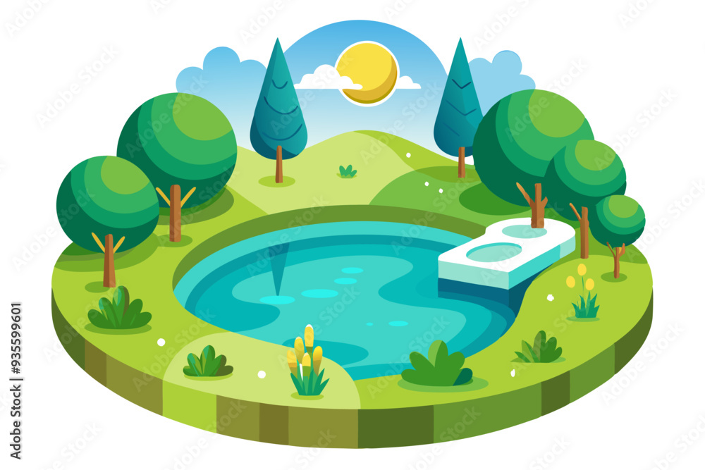 Obraz premium Lush Green Island with a Pond and a White Platform