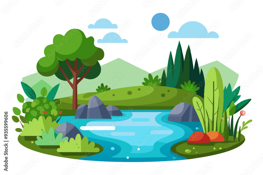 Obraz premium A Serene River Winding Through a Lush Green Landscape with Trees and Rocks