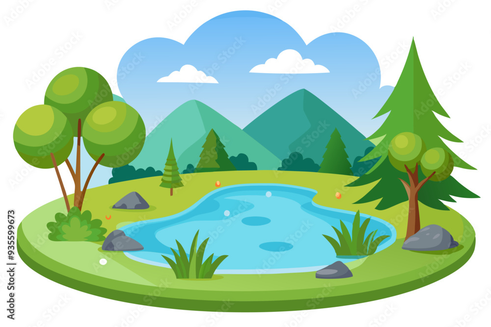 Fototapeta premium A Serene Mountain Lake Scene with Lush Green Foliage and a Clear Blue Sky