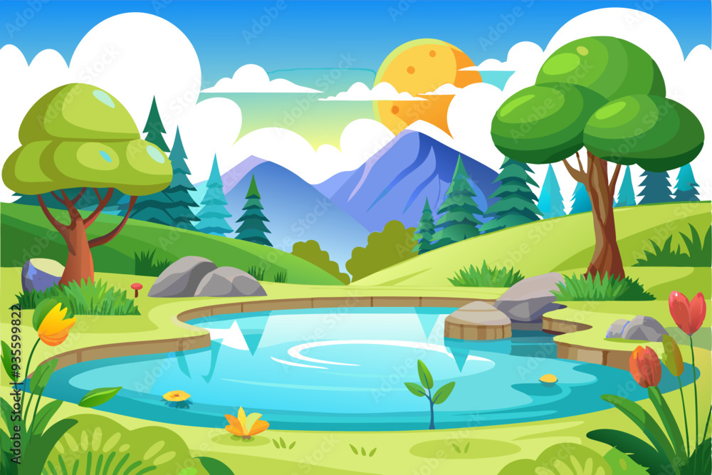 Obraz premium Serene Mountain Lake with Lush Greenery and a Sunlit Sky