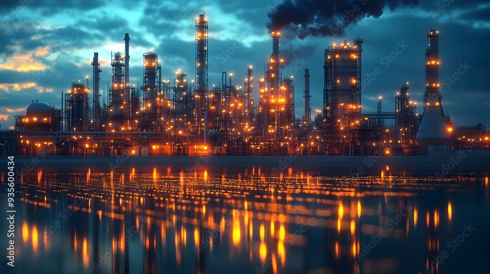 Illuminated Industrial Skyline with Pipelines and Refineries at Sunset Illuminated Industrial Skyline with Pipelines and Refineries at Sunset