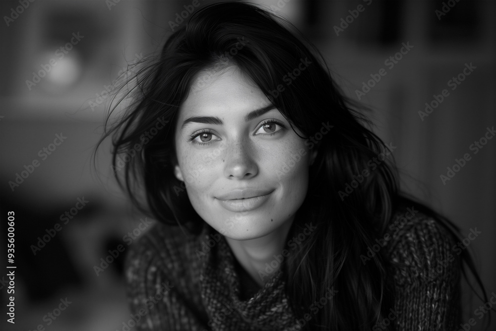 Fototapeta premium Monochrome portrait of a young woman with a serene expression. Generative AI image