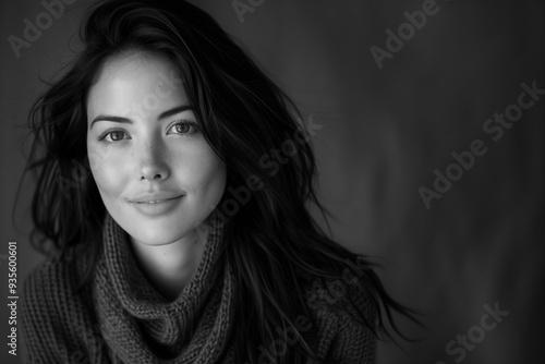 Portrait of young woman with gentle smile in monochrome. Generative AI image