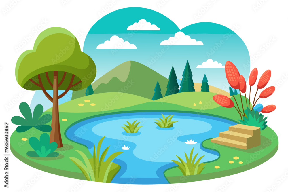 Obraz premium A Serene Landscape with a Winding Pond and Lush Greenery