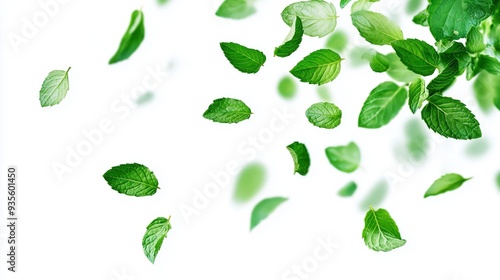 Fresh green mint leaves falling and floating in the air against a clean white background.