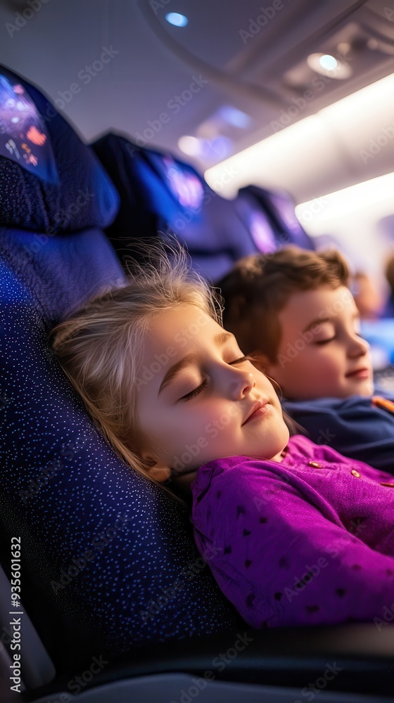 Parents gently tuck their children in as they sleep peacefully in their airplane seats during the evening journey