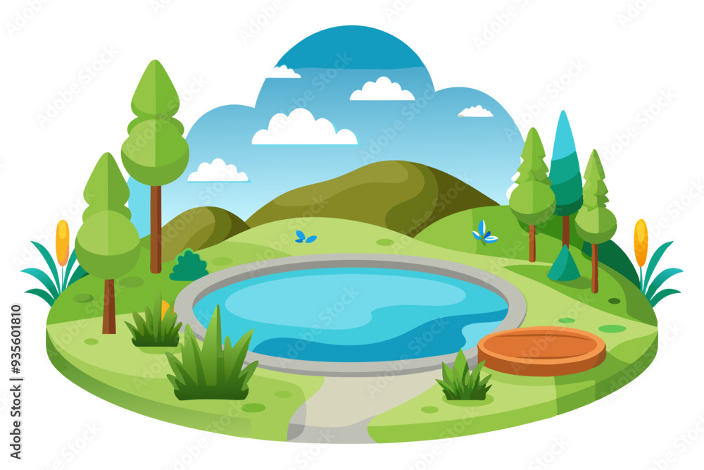 Fototapeta premium Cartoon Landscape with Pond, Trees, and Hills
