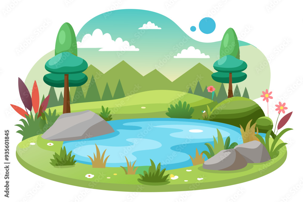 Obraz premium Cartoon Landscape with a Pond, Trees, and Flowers