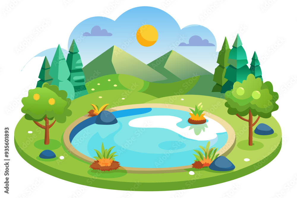 Obraz premium A Serene Pond Surrounded by Lush Greenery and Mountains under a Sunny Sky