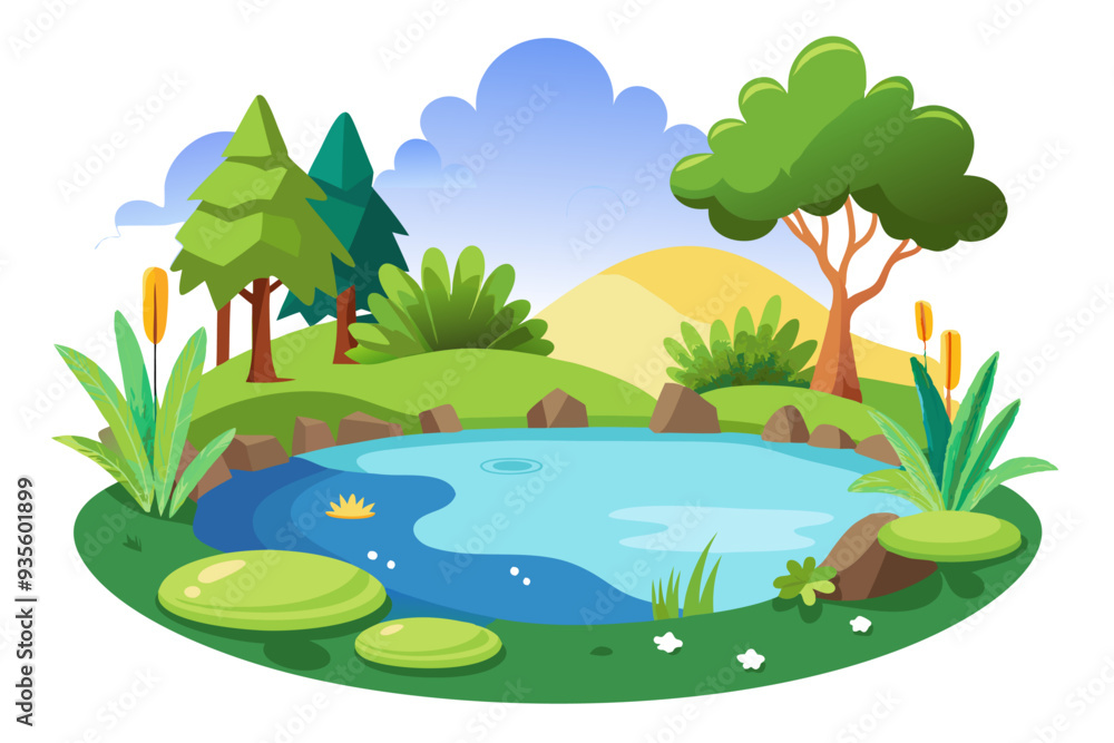 Obraz premium Cartoon Illustration of a Serene Pond Surrounded by Lush Greenery and Trees