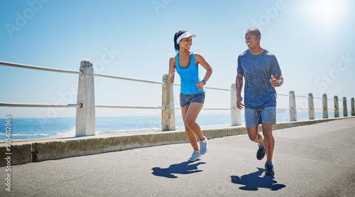 Fotografie Happy, couple and running by ocean for fitness, physical health and training for marathon by mockup
