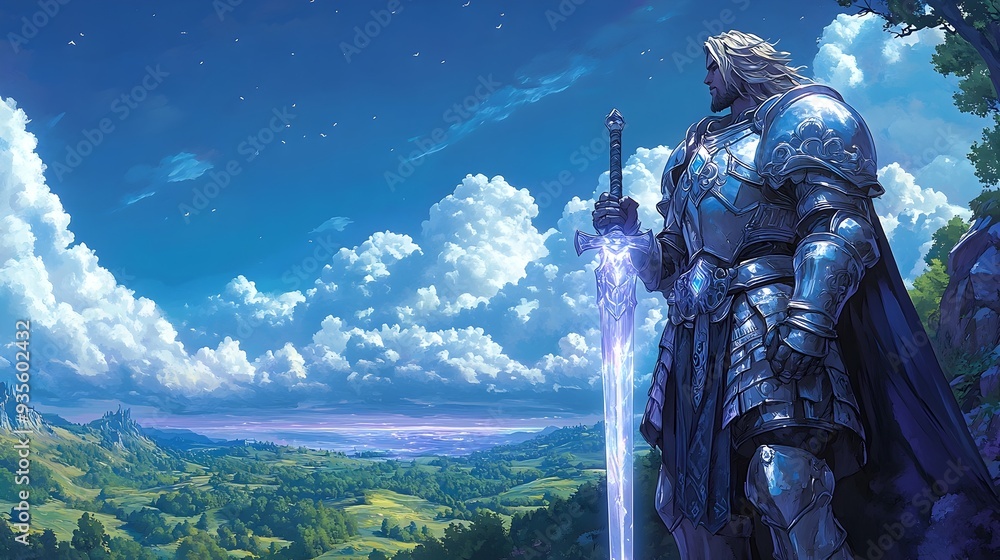 Naklejka premium Radiant Paladin Wielding Luminescent Crystal Greatsword in Sprawling Fantasy Realm