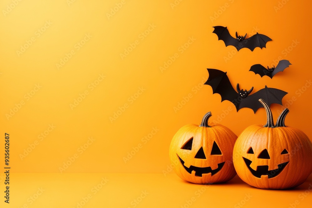 Halloween pumpkins and bats on orange background with copy space with generative ai Halloween pumpkins and bats on orange background with copy space with generative ai