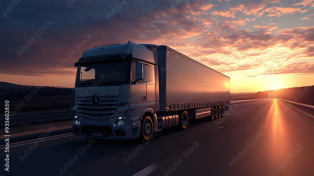 Loaded european truck on motorway in sunset. The truck is driving on a good road in the evening. Transportation, logistics, transportation. copy space for text. Loaded european truck on motorway in sunset. The truck is driving on a good road in the evening. Transportation, logistics, transportation. copy space for text.