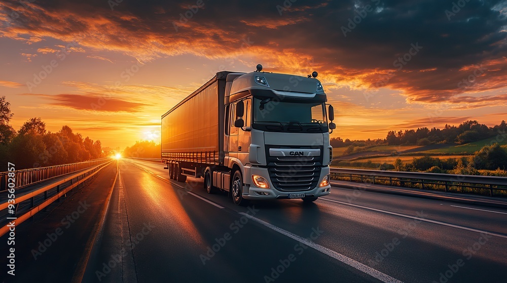 Loaded european truck on motorway in sunset. The truck is driving on a good road in the evening. Transportation, logistics, transportation. copy space for text. Loaded european truck on motorway in sunset. The truck is driving on a good road in the evening. Transportation, logistics, transportation. copy space for text.