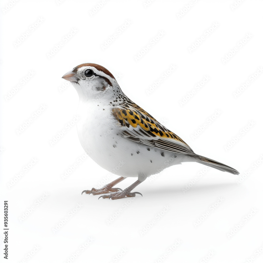 A detailed close-up of a small sparrow bird standing against a white background, highlighting its natural colors and patterns. A detailed close-up of a small sparrow bird standing against a white background, highlighting its natural colors and patterns.