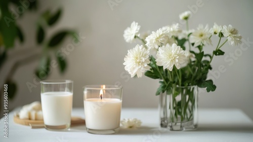 White Candle, Milk, and Flowers on a Table