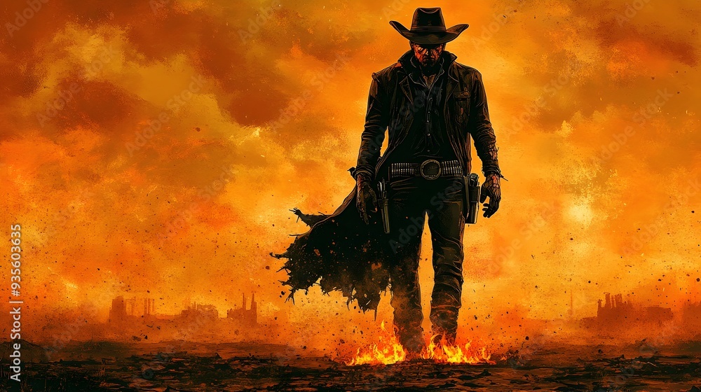 Fototapeta premium Weathered Cowboy Silhouette Against Apocalyptic Hellfire Sky in Vintage Americana Film Noir Style