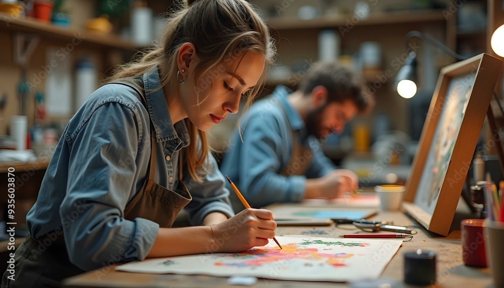 An artist focused on painting in her art studio. The scene depicts a creative space where the artist is deeply engaged in her work, surrounded by painting tools and her art creations. An artist focused on painting in her art studio. The scene depicts a creative space where the artist is deeply engaged in her work, surrounded by painting tools and her art creations.