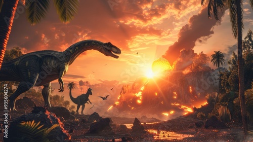 Fototapeta Naklejka Na Ścianę i Meble -  AI-generated majestic dinosaurs in a prehistoric landscape. Global Earth disaster. The concept of dinosaur extinction.