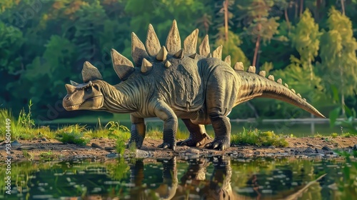 AI-generated majestic dinosaurs in a prehistoric landscape. Stegosaurus. Vivid colors and intricate details bring these ancient creatures to life. The concept of time when dinosaurs ruled the Earth.