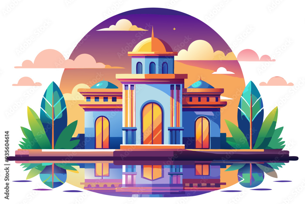 Colorful Building with Dome and Reflection in Water at Sunset Colorful Building with Dome and Reflection in Water at Sunset