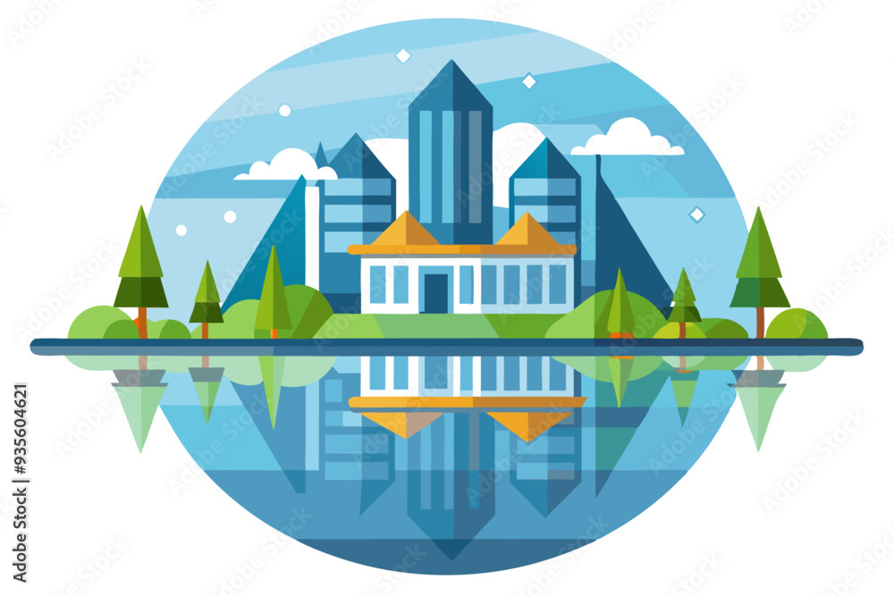 Modern Cityscape with Reflection on Water Modern Cityscape with Reflection on Water
