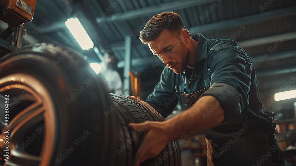 Professional mechanic changing car tires in auto repair service center. Technician man working at auto repair service center. Changing tire shop. copy space. Professional mechanic changing car tires in auto repair service center. Technician man working at auto repair service center. Changing tire shop. copy space.