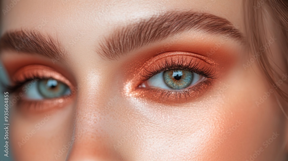 Fototapeta premium A woman highlights her eye makeup featuring warm orange hues and vivid blue-green eyes, creating a captivating look.