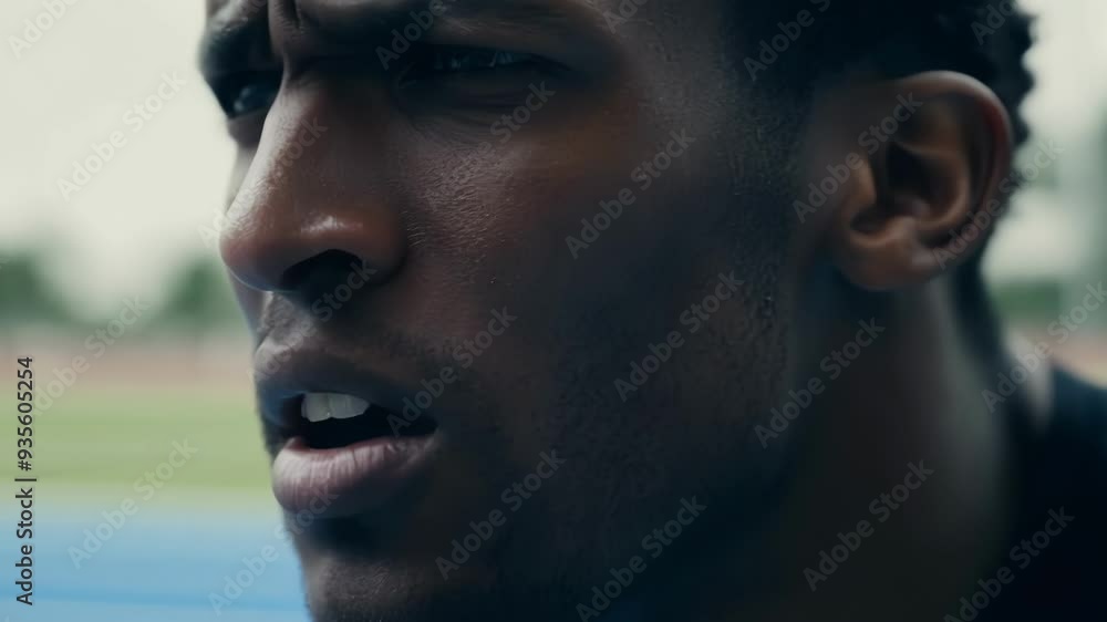 Determined black athlete shows pain and exhaustion during a tough workout at an outdoor track, sweating and straining muscles Determined black athlete shows pain and exhaustion during a tough workout at an outdoor track, sweating and straining muscles