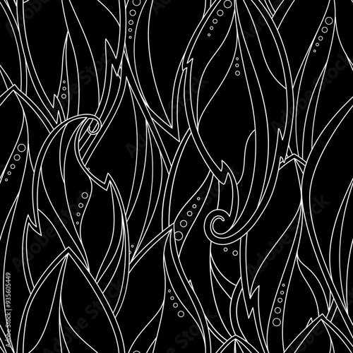 Seamless pattern of black and white leaves. Fantasy leaves with veins and cir...