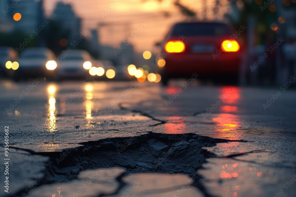 Cracked Asphalt Road at Sunset Cracked Asphalt Road at Sunset