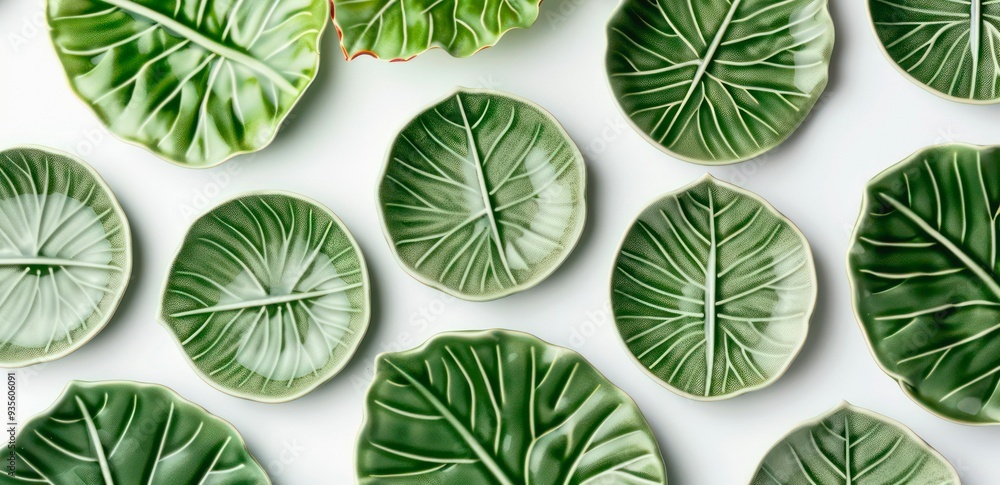 Fotografie Green leaf shaped plates on white background, top view