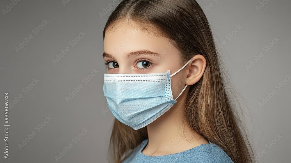 Young girl in a medical mask close-up. Young people with face masks went back to work or school in the office after isolation. copy space for text. Young girl in a medical mask close-up. Young people with face masks went back to work or school in the office after isolation. copy space for text.