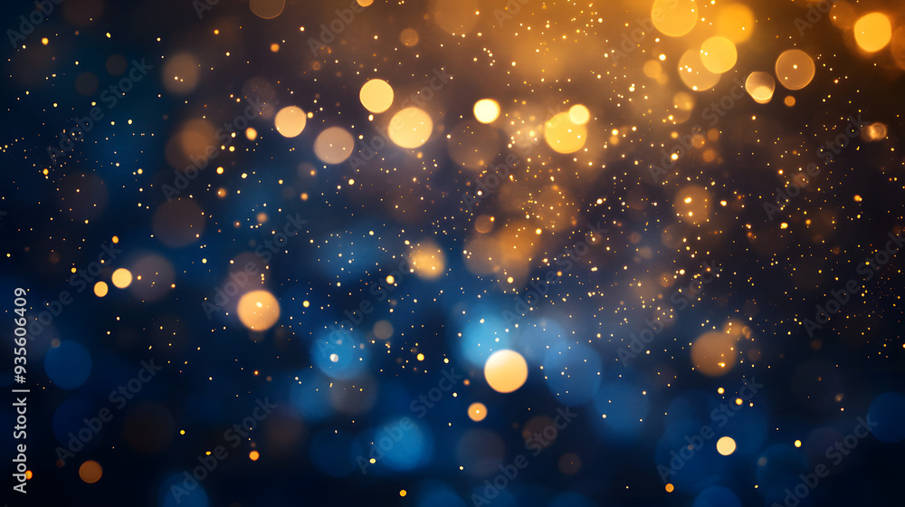 A festive winter scene with glowing Christmas lights, sparkling gold and blue bokeh, and delicate snowflakes against a blurred background Perfect for holiday cards and festive decorations A festive winter scene with glowing Christmas lights, sparkling gold and blue bokeh, and delicate snowflakes against a blurred background Perfect for holiday cards and festive decorations