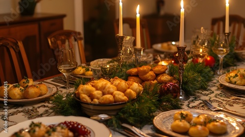 26. A tranquil setting of a Hanukkah dinner table with latkes and sufganiyot photo