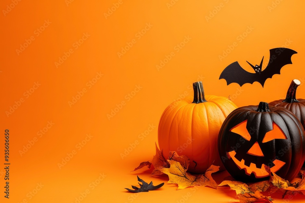 Halloween pumpkins and bats on orange background with copy space with generative ai Halloween pumpkins and bats on orange background with copy space with generative ai