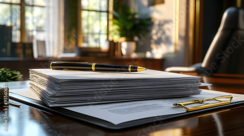 Table du défenseur avec documents juridiques empilés et stylo photo