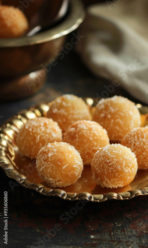 indian sweets called laddoo made from gram flour or rava in diwali festival photo