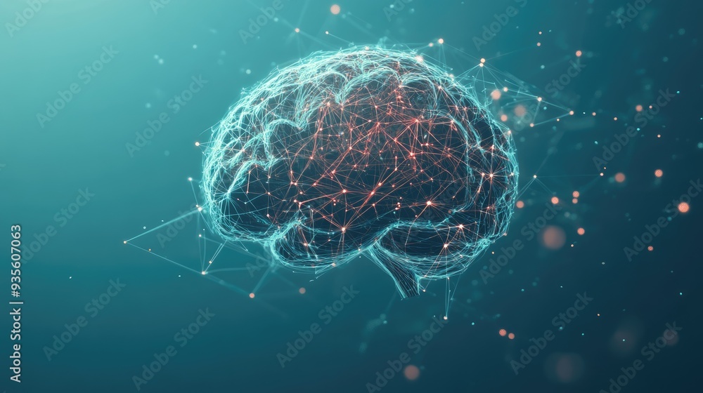 A digital brain with connected nodes representing AI, framed with space for text above or beside it. A digital brain with connected nodes representing AI, framed with space for text above or beside it.