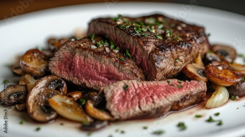 Close-up of a juicy medium-rare steak with grilled mushrooms and onions on a white plate.