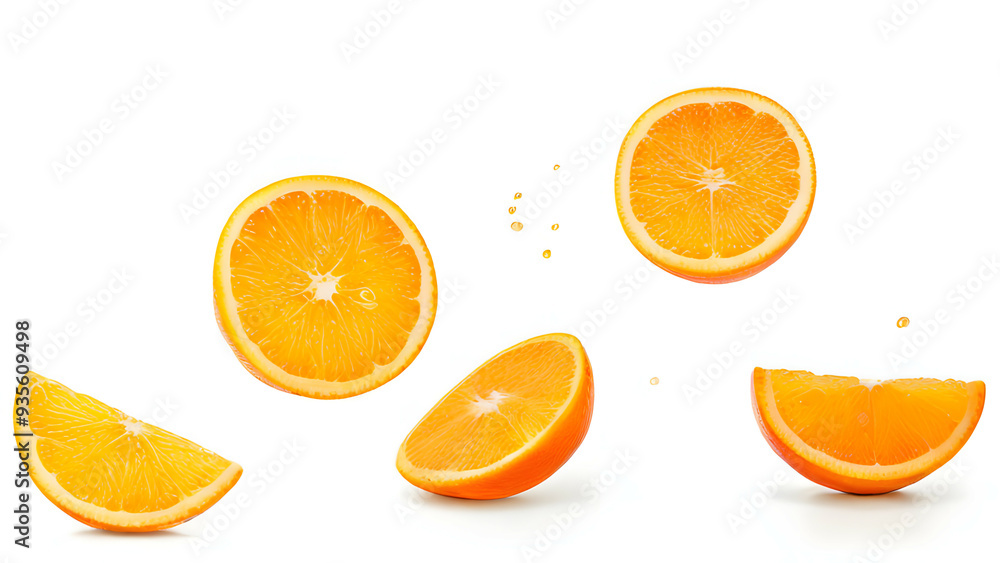 Fototapeta premium flying orange fruit slices isolated on white background