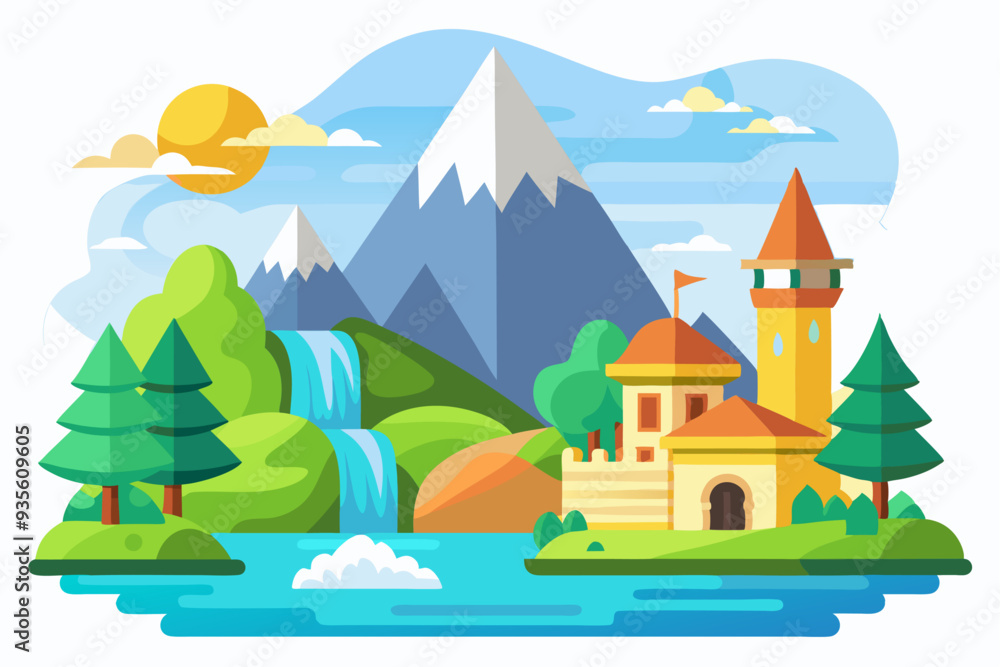 Castle by a Waterfall in a Mountainous Landscape