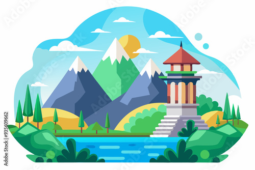Mountainous Landscape with Tower and Lake
